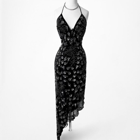 Vintage Black Silk Floral Beaded High Low FIt Flared Prom Dress Size M/L - Picture 5 of 7